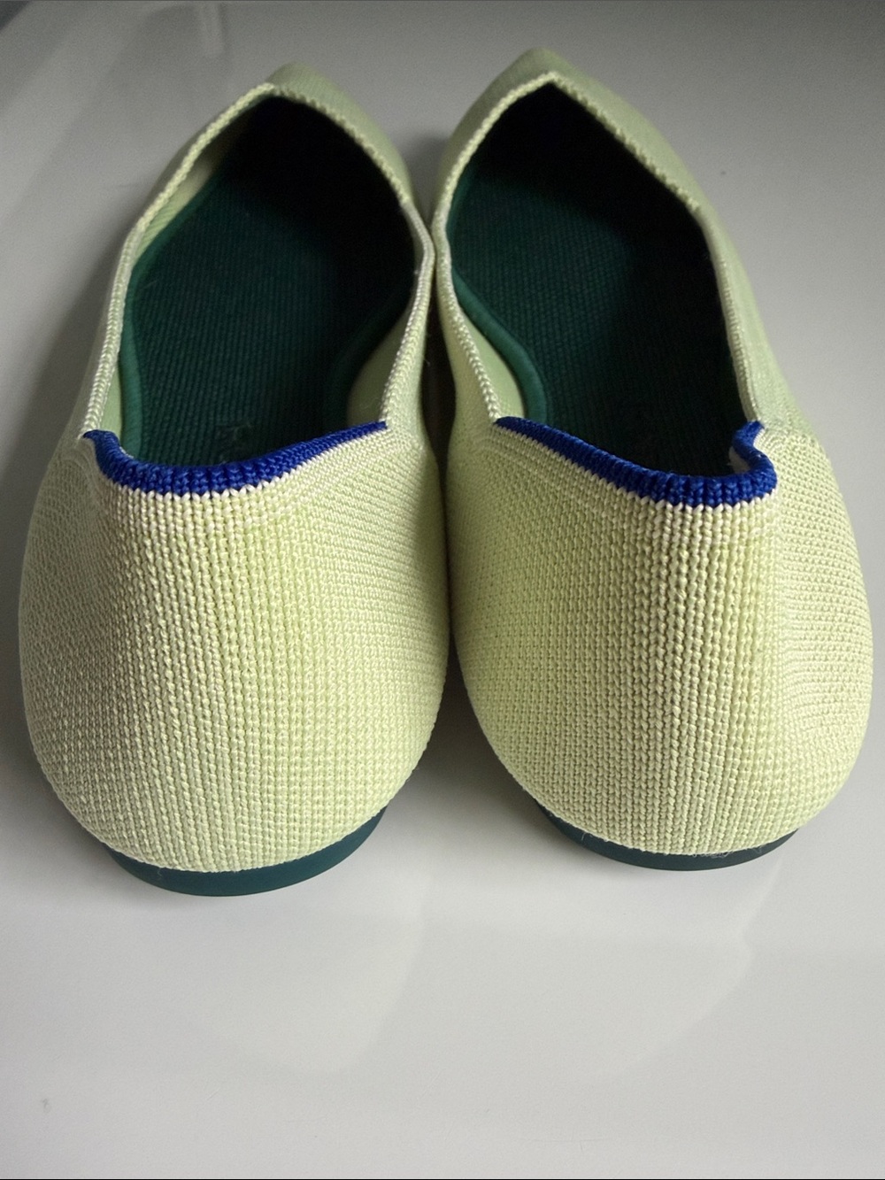 Rothy's Keylime Green Pointed Toe Flats with Blue Trim - Picture 6 of 6
